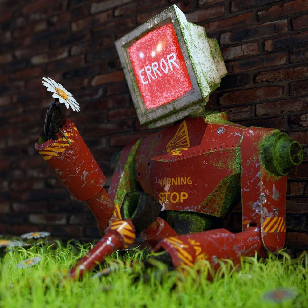 A damaged overgrown robot sitting against a brick wall holding a flower with the word Error printed on his computer monitor face. Rendered in blender 3d textured in substance painter, and edited in photoshop