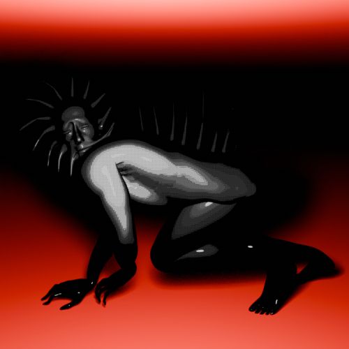 Creepy pitch black man with a harsh light illuminating him against a red horizon. Pixel art style, 3d modeled in blender 3d. rigged and posed. Surreal art style