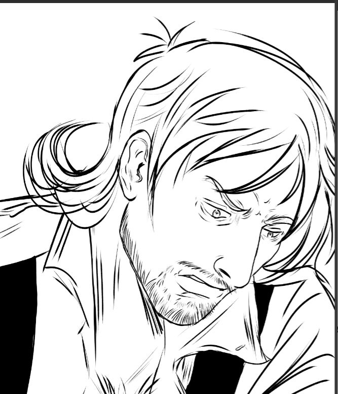 Jake Holloway looking down angry, gritted teeth, sketch. 