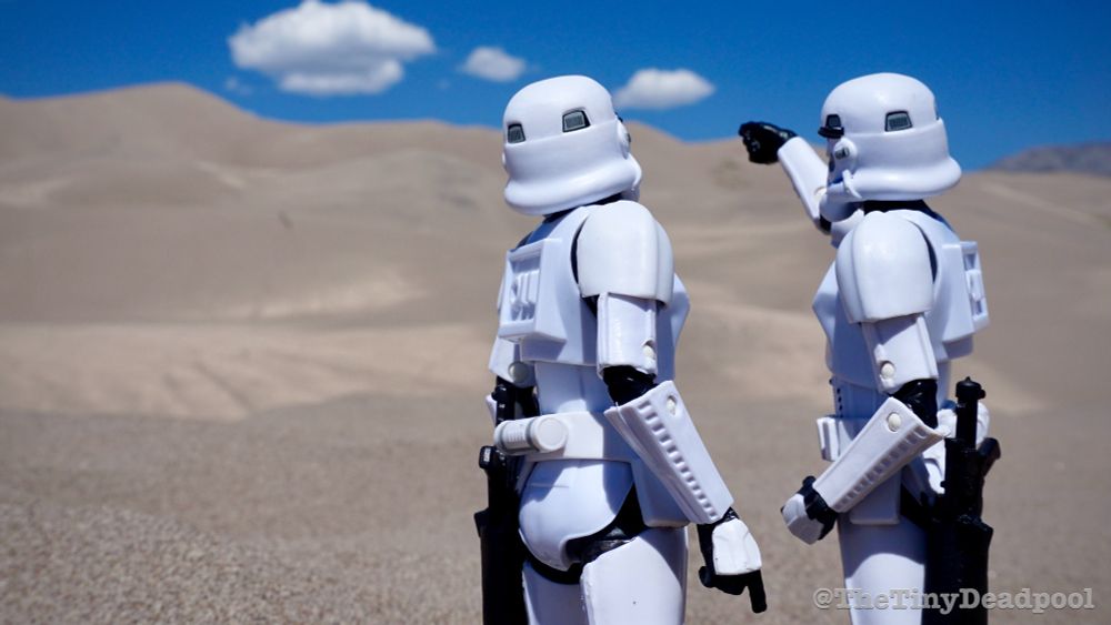 Two stormtroopers are still unable to find the droids they’re looking for at Great Sand Dunes National Park - stormtroopers are Hasbro Star Wars black series 6 inch scale action figures