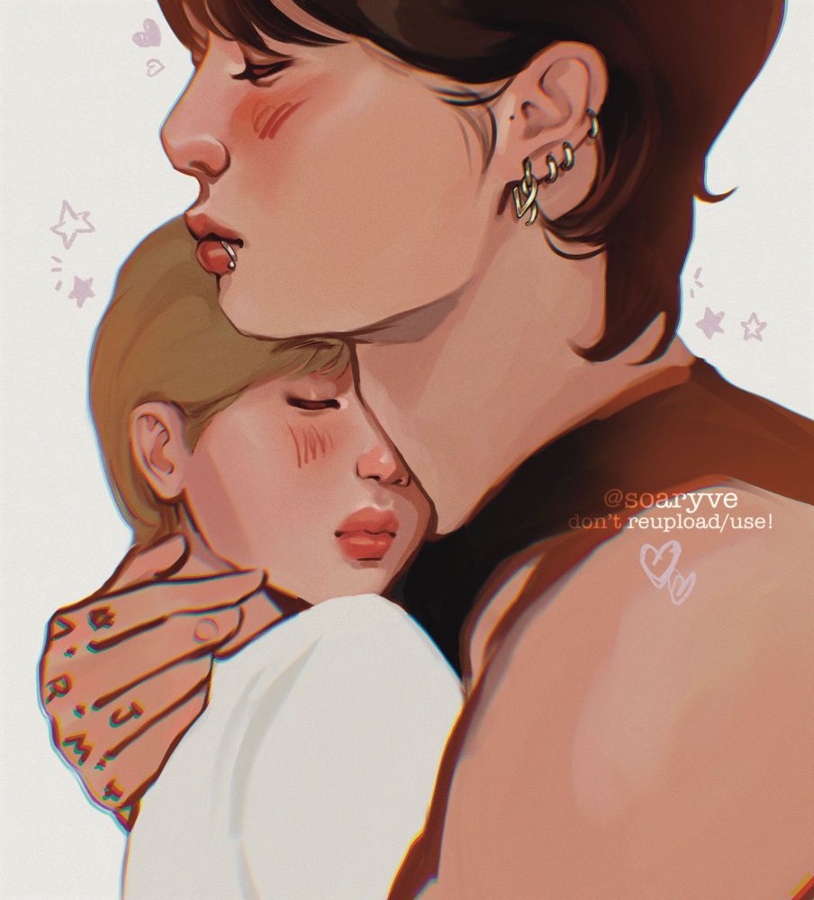 Jikook fanart where they hug, jm’s face on jk’s chest 