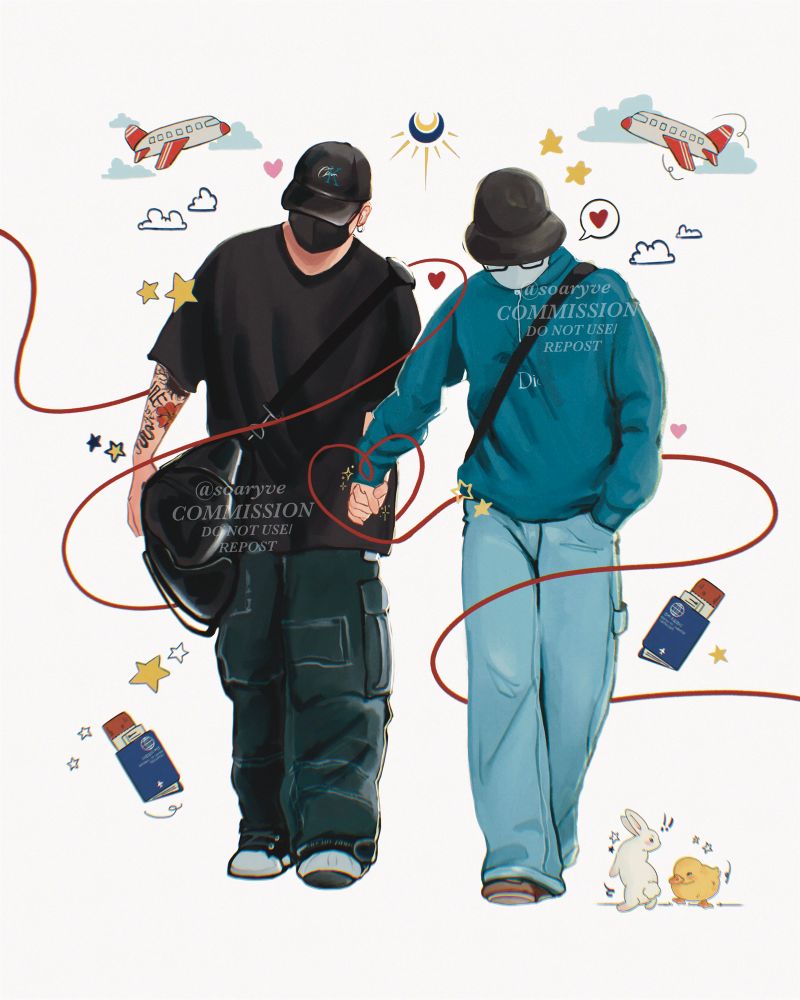 jikook fanart commission, their hand shake/holding moment from airport is drawn with bunch of doodles around like passports, planes, bunny&duck and starts and hearts 