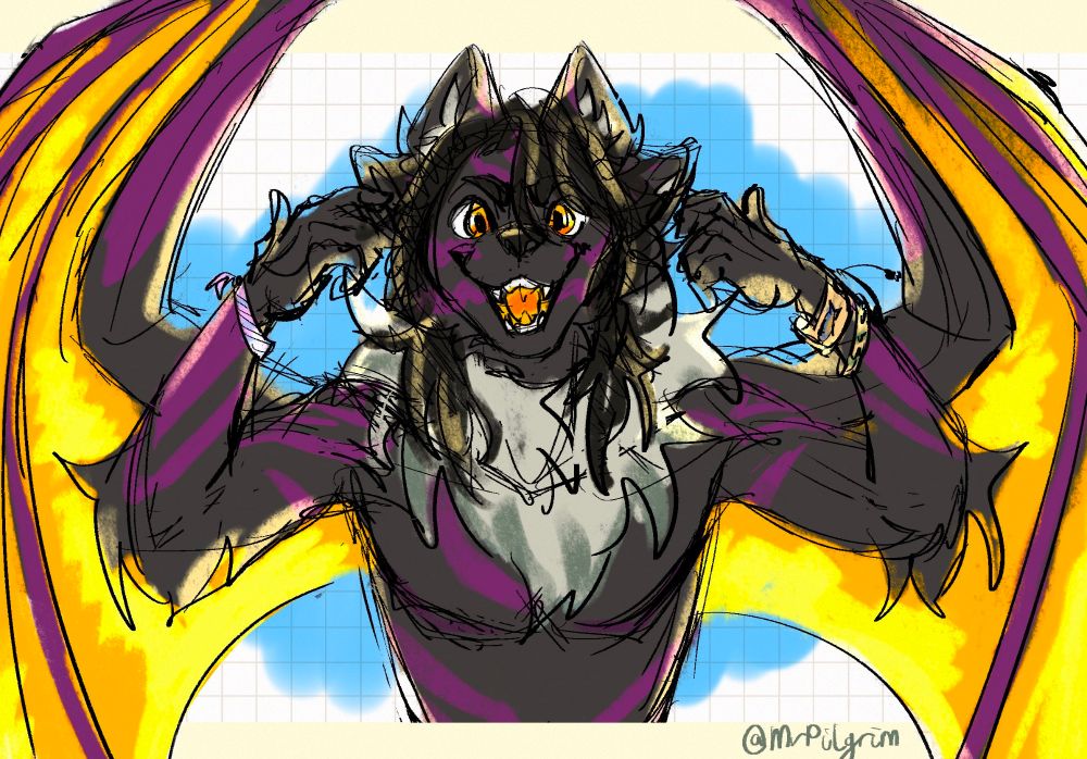 A sketch of my sona mauve with bracelets on his arms in a triumphant pose