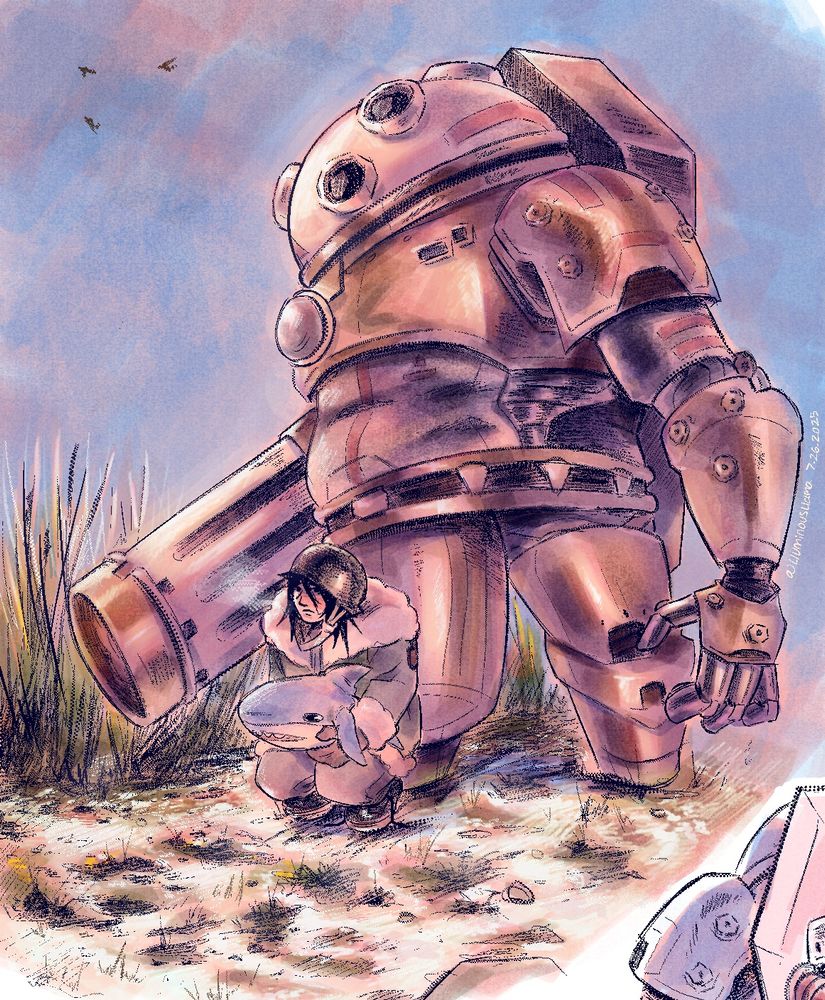 A colored illustration. A Gutterman, an enemy character from the game ULTRAKILL, stands looking over at the sky, while a young teen is crouched besides it, holding on to their plush shark, a blåhaj. The ground that surrounds them has patches of grass, mud, and snow; the plains are desolate and cold. Some signs of life can be seen in the sky, where three birds are flying from afar.