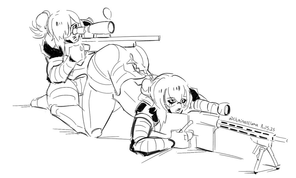 A sketch of my Signalis Replika OCs, DSBRs, sniping from the ground. One of the DSBRs has their back arched, with their butt sticking up. Another DSBR unit has their sniper gun set on the other DSBRs butt.
