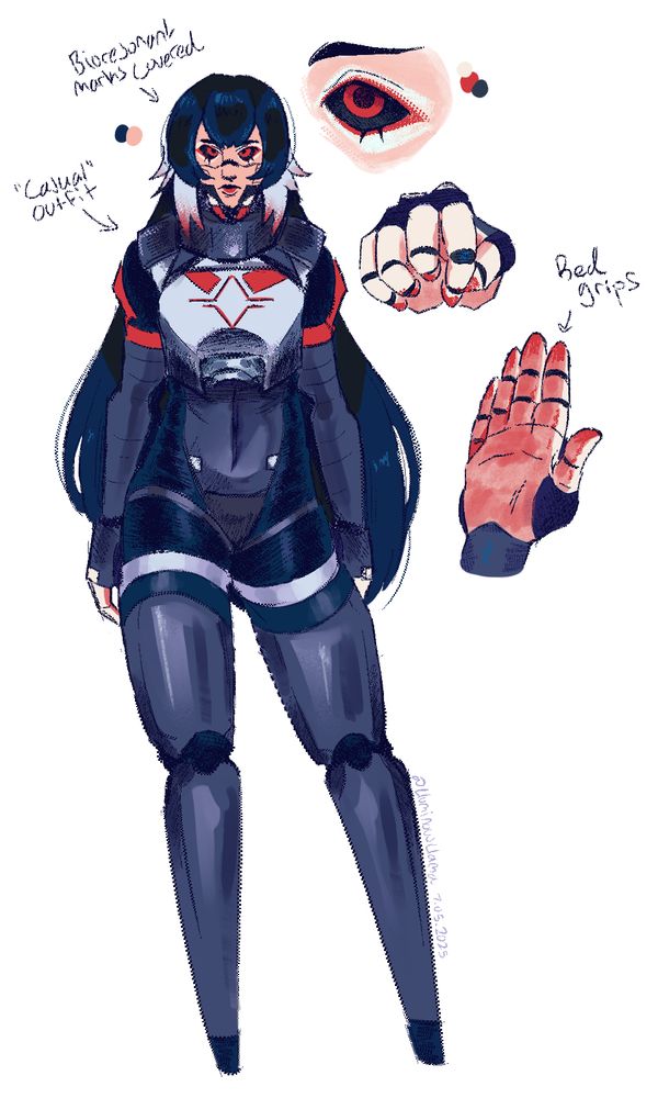 A reference sheet for my Signalis replika oc unit, DSBRs! Included is a full-body character, with an up-close shot of the details of their eyes and hands to the right.