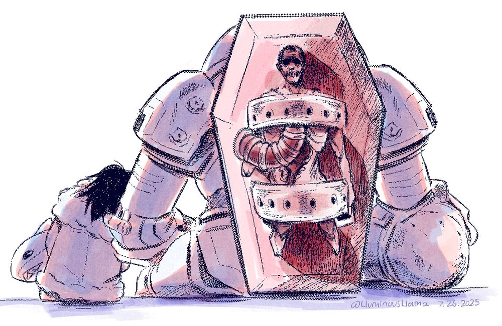 A sketch of a Gutterman, an enemy from the game ULTRAKILL, sitting with it's back facing the viewer, while a young child sits besides the Gutterman, resting their head on its arm. Inside the coffin that's attached to the back of the Gutterman is a corpse, facing front, with a tube attached into its thorax that allows blood to fuel the Gutterman. In its left arm, the corpse holds on to a photograph.