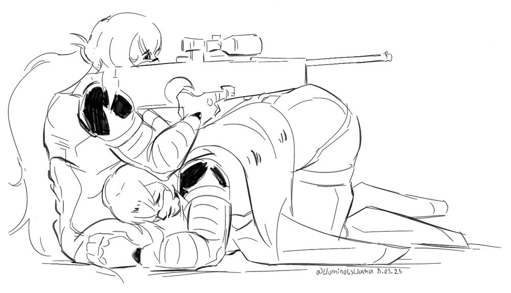 A sketch similar to the first one. A DSBR unit has their sniper gun rested on the butt of another DSBR unit, who is resting their themselves on the other DSBR unit's lap.