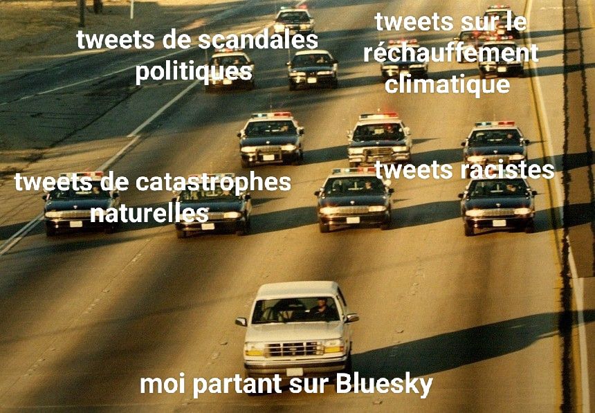 Photo d'une course poursuite avec des voitures de police (tweets négatifs et pessimistes) poursuivant les gens qui partent du coup sur Bluesky