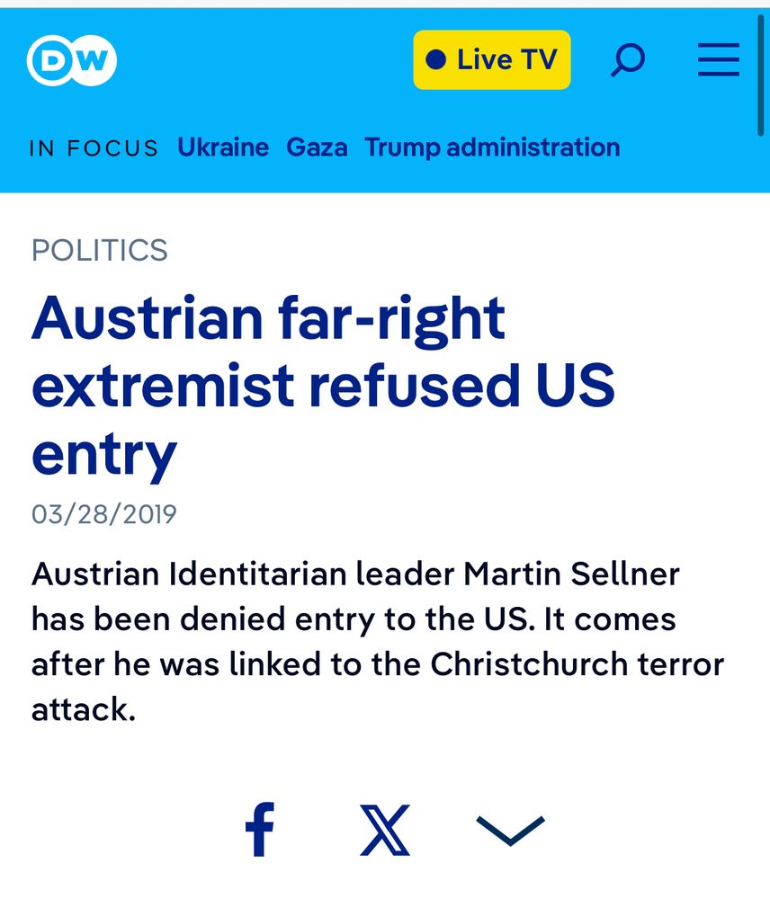 News report indicating that the US government denied Martin Sellner’s entry to the US in March 2019