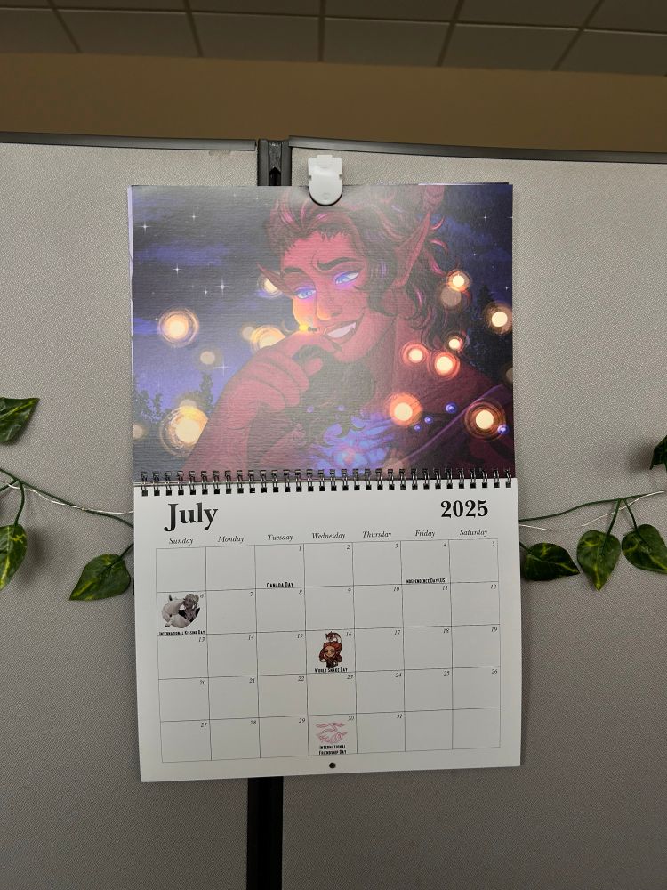 Image shows a Baldur’s Gate 3 fanart calendar flipped to the month of July. This months fanart is of Karlach Cliffgate surrounded by fireflies.