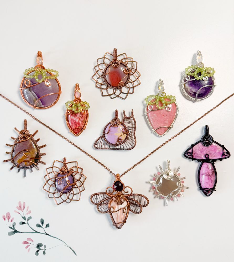 Amethyst grape, thulite strawberry, Botswana agate sunflower, Phosphosiderite snail, thulite strawberry, lepidolite grape, ocean jasper wave sun, star ruby sunflower, garnet x scolecite dragonfly fairy, gray onyx x pink tourmaline beaded sun, cobaltoan calcite