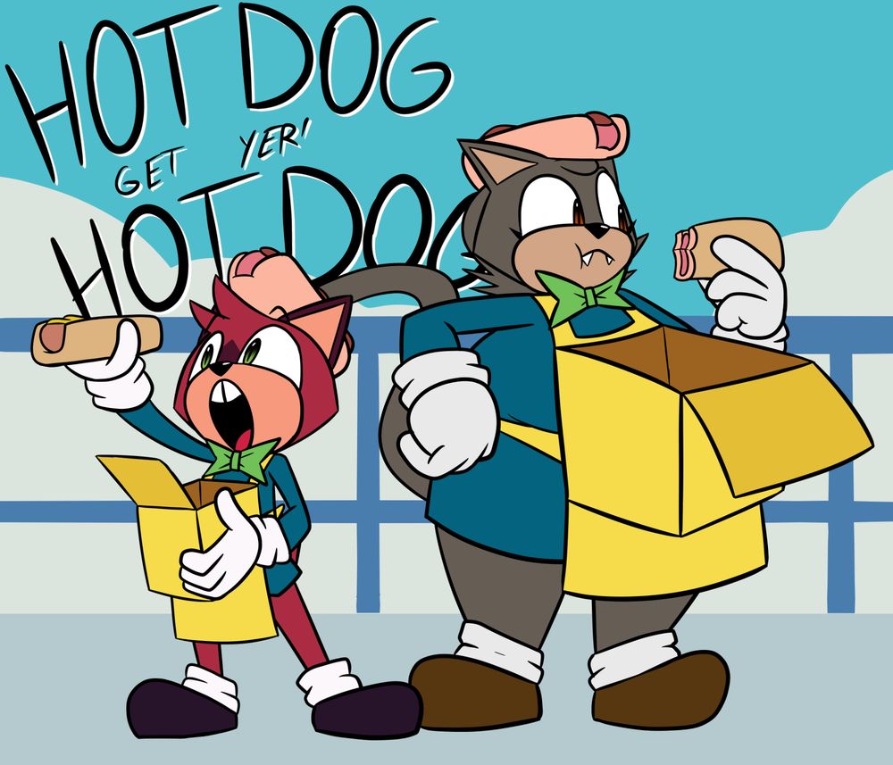 Barry the Quokka (from Murder of Sonic) and Leslie (a bottom heavy cat mobian who is taller than Barry) both wearing green shirts with yellow aprons and a large hotdog on their head, cause they're hotdog vendors. They got a yellow box attached to their apron, Barry is holding theirs, Leslie is not. Leslie's box looks oddly empty. Barry is holding up a hotdog, screaming "HOTDOG, GET YER' HOT DOG" while Leslie is eating theirs