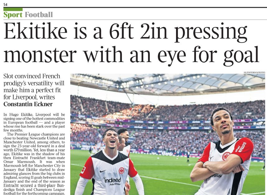 This picture shows part of the article about French striker Hugo Ekitiké and why Liverpool are about to sign the 23-year-old. 