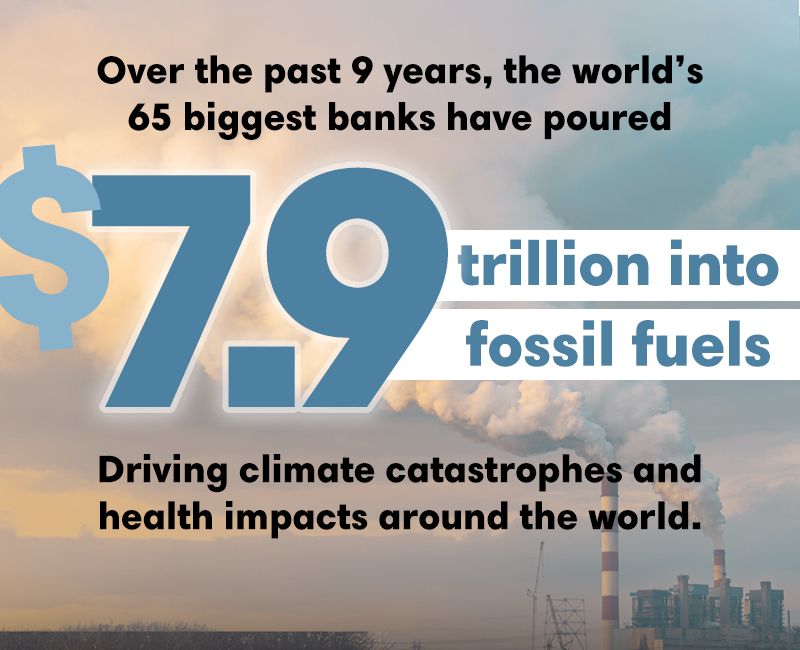 Background image of two stacks with billowing fumes against a cloudy sky, overlaid with blue and black text that says "Over the past 9 years, the world's 65 biggest banks have poured $7.9 trillion into fossil fuels. Driving climate catastrophes and health impacts around the world."
