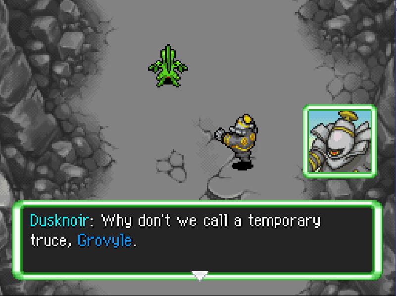 Screencap of Pokemon Mystery Dungeon: Explorers of Sky (NDS, 2009), specifically the fifth special episode, depicting Grovyle and Dusknoir having a dialogue, with Dusknoir suggesting Grovyle to call it a truce between them