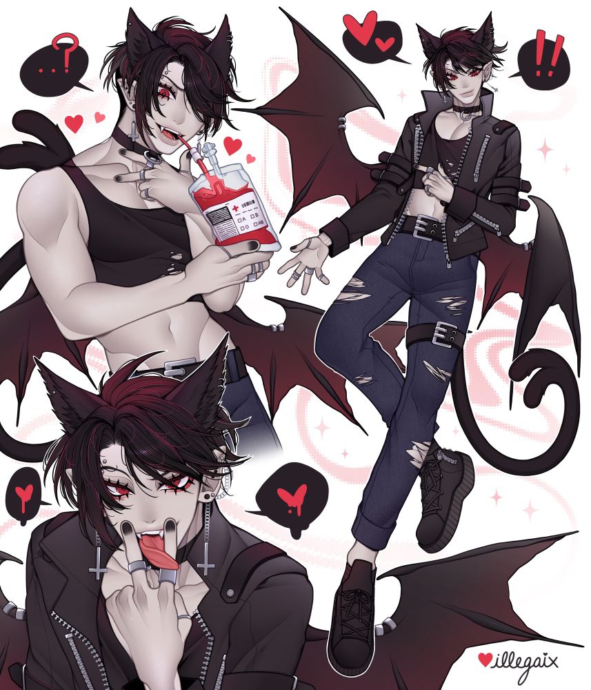 Picture of SilverCatBoi a half vampire half Nekomata. He has a punk/goth style wearing a leather jacket and a ripped cropped black tank top. He has ripped dark blue skinny jeans and black ankle boots with silver studs. He has a black collar on with a silver O ring on it. He has bat wings that are priced with silver jewelry and a black cat-tail that slits into two tails at the tip. He has gray skin and red eyes. He has many ear piercings and an eyebrow piercing. His hair is short and black and has a messy style with cat ears on top of his head.