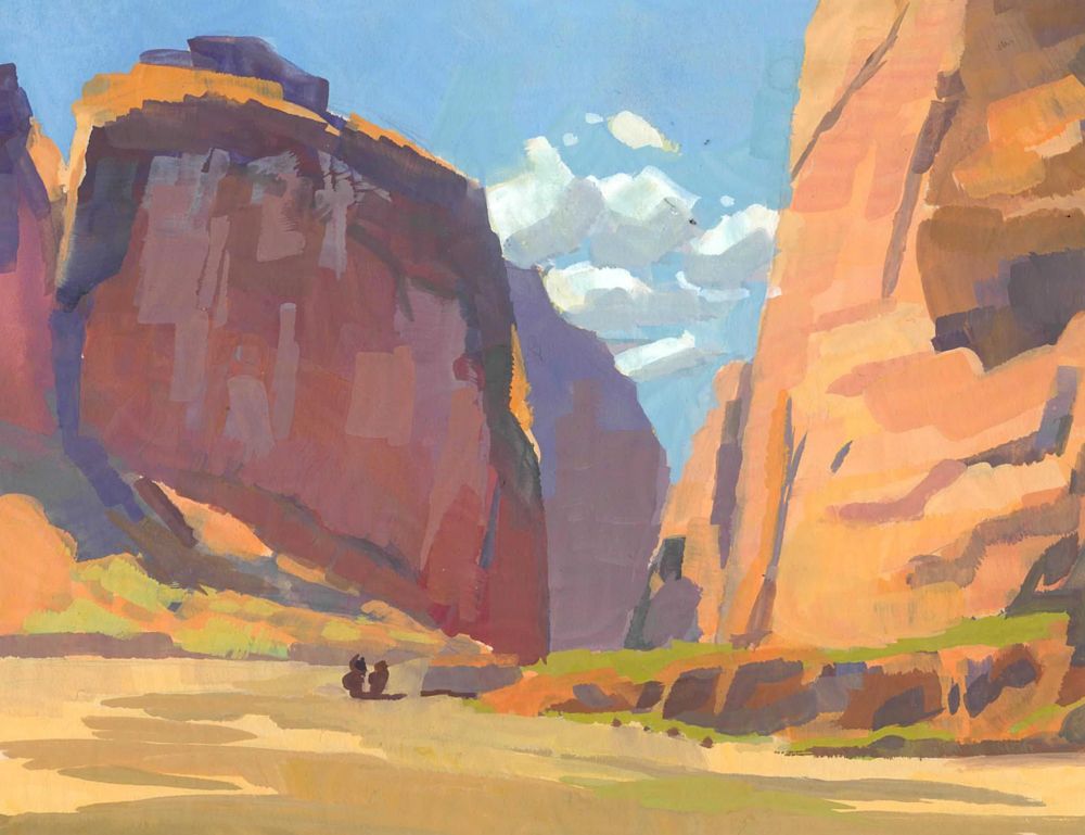 A orange desert landscape. The sky is blue and there are clouds in the sky. Two people on horses ride between two large cliffs.