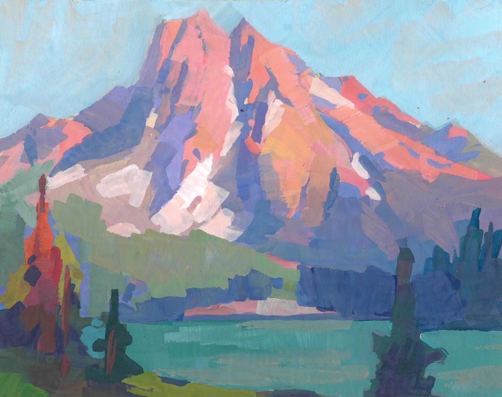 A sunlight mountain sitting by a lake. There are pine trees around the mountain, and in the foreground framing the painting. 