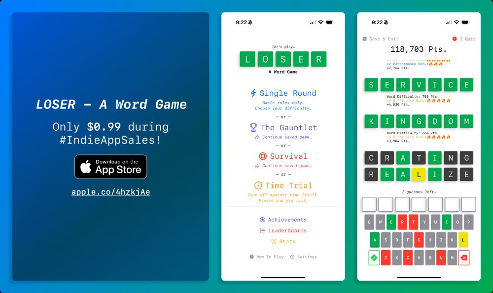 A collage advertising that "LOSER - A Word Game" is only 99 cents during the Indie App Sales event. The collage also shows screenshots of the LOSER Home Screen and Survival mode.