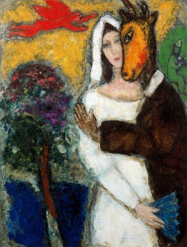 In Marc Chagall's artwork titled "Midsummer Night's Dream," a figure with a horse's head tenderly embraces a woman dressed in white, capturing the enchanting essence of Shakespeare's play. The dreamlike quality is enhanced by the vibrant use of color and whimsical elements such as the red winged figure, characteristic of Chagall's unique blend of fantasy and emotion.