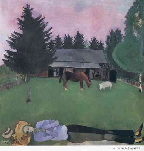 Marc Chagall's "The Poet Reclining" (1915) depicts a tranquil scene with a poet lying peacefully on the grass, surrounded by a serene rural landscape, with a horse and sheep grazing near a rustic house. The painting embodies Chagall's characteristic dreamlike quality and use of soft colors, reflecting the blend of reality and imagination in his art.