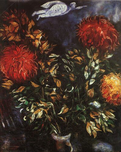 Marc Chagall's "Chrysanthemums" features vibrant blooms set against a dark, textured background, highlighting the artist's characteristic use of bold colors and emotional depth. The presence of a flying figure above the flowers evokes a sense of mysticism and otherworldliness, a recurring theme in Chagall's artwork.