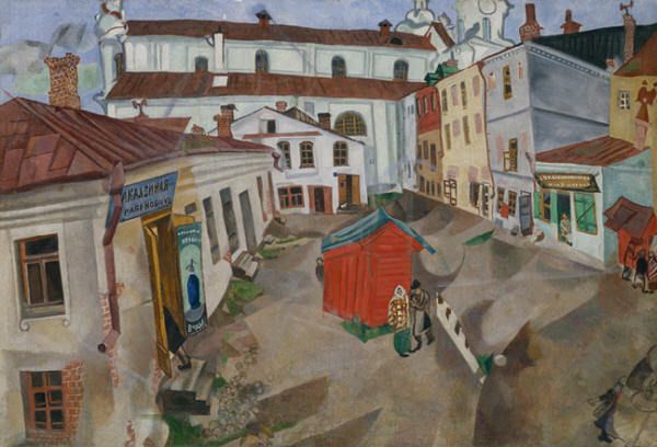 "Marketplace in Vitebsk" by Marc Chagall captures the vibrant essence of his hometown with its skewed perspectives and dreamlike qualities, reflecting Chagall’s unique approach to cubism and expressionism. The artwork vividly portrays the bustling atmosphere of the market square, framed by the whimsical architecture that is characteristic of Vitebsk.