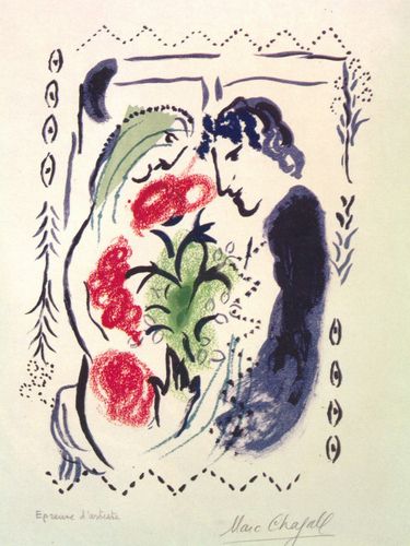 "Lovers for Berggruen (The Offering)" by Marc Chagall is a vibrant and whimsical piece featuring a tender romantic scene, rich with floral symbolism that reflects themes of love and nature. Chagall’s signature use of vivid colors and flowing lines captures a dreamlike quality, echoing his deep inspiration from folklore and personal experiences.