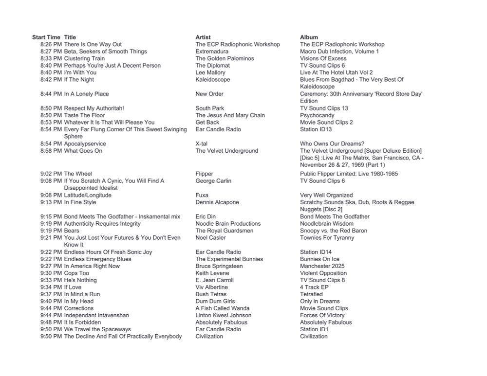 A list of upcoming songs on Ear Candle Radio.