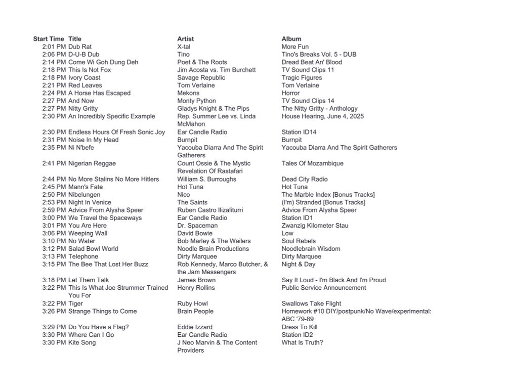 A list of upcoming songs on Ear Candle Radio.