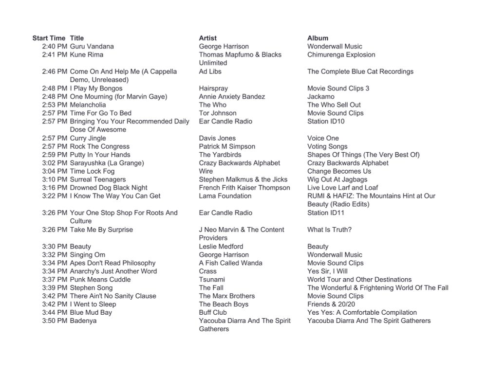 A list of upcoming songs on Ear Candle Radio.