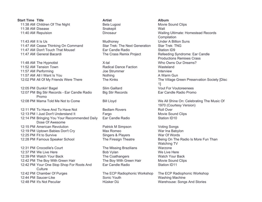A list of upcoming songs on Ear Candle Radio.
