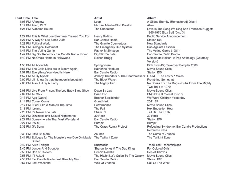 A list of upcoming songs on Ear Candle Radio.