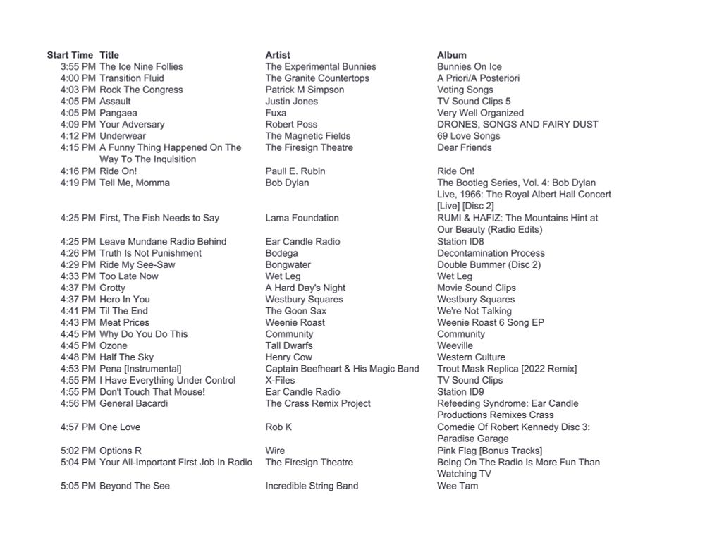 A list of upcoming songs on Ear Candle Radio.