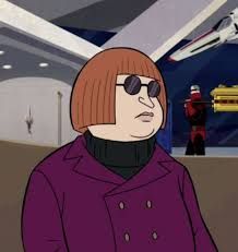 Augustus St. Cloud, a cartoon character on the Venture Bros, wearing a purple suit and black turtleneck with round sunglasses looking dour