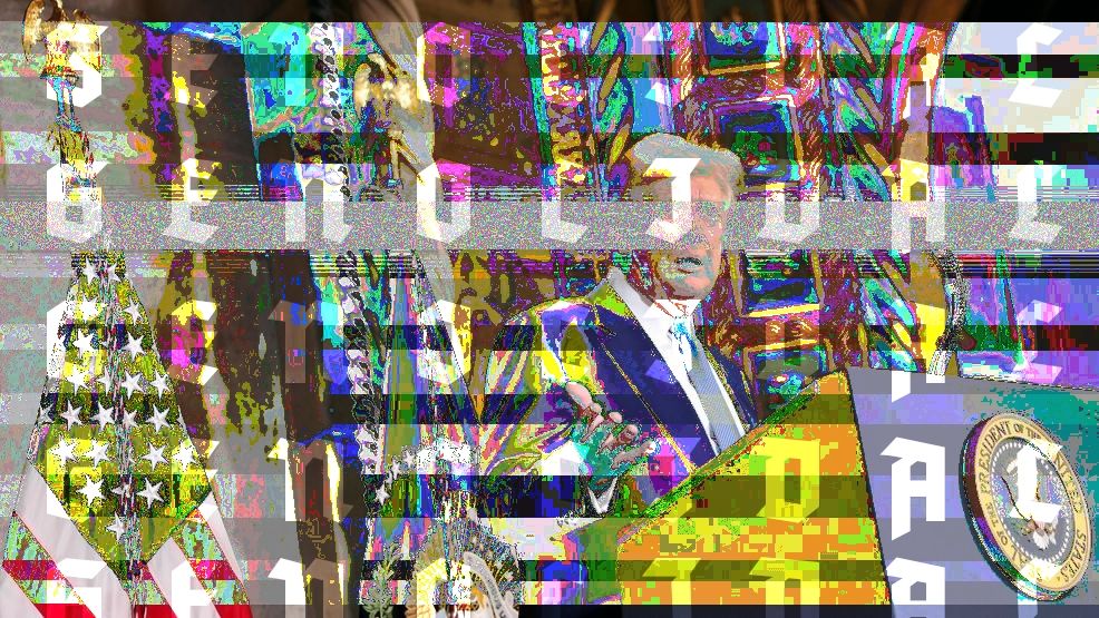 Glitch art showing trump, and the word Genocidal 5 times in the Tannenberg font.