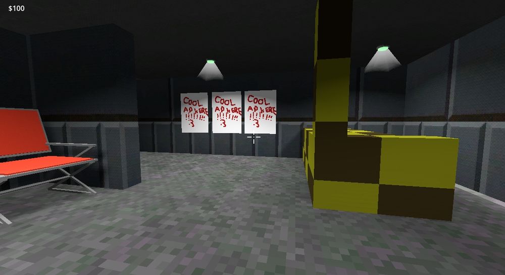 A scene from my game show casing posters that say "cool ad here!!!!! :3"