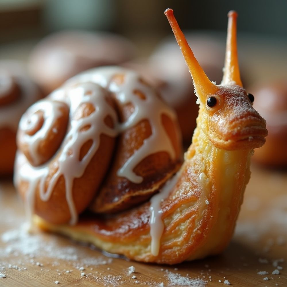 KI Bild einer Schnecke mit Zuckerguß und Zimt.