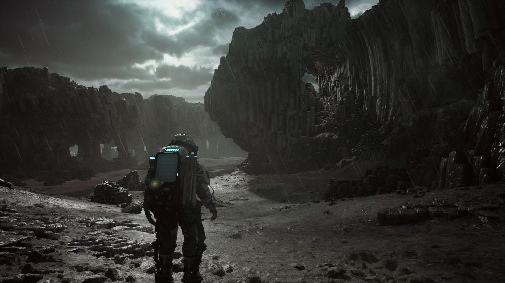 A screenshot from The Alters showing a planet surface with massive basalt pillars.
