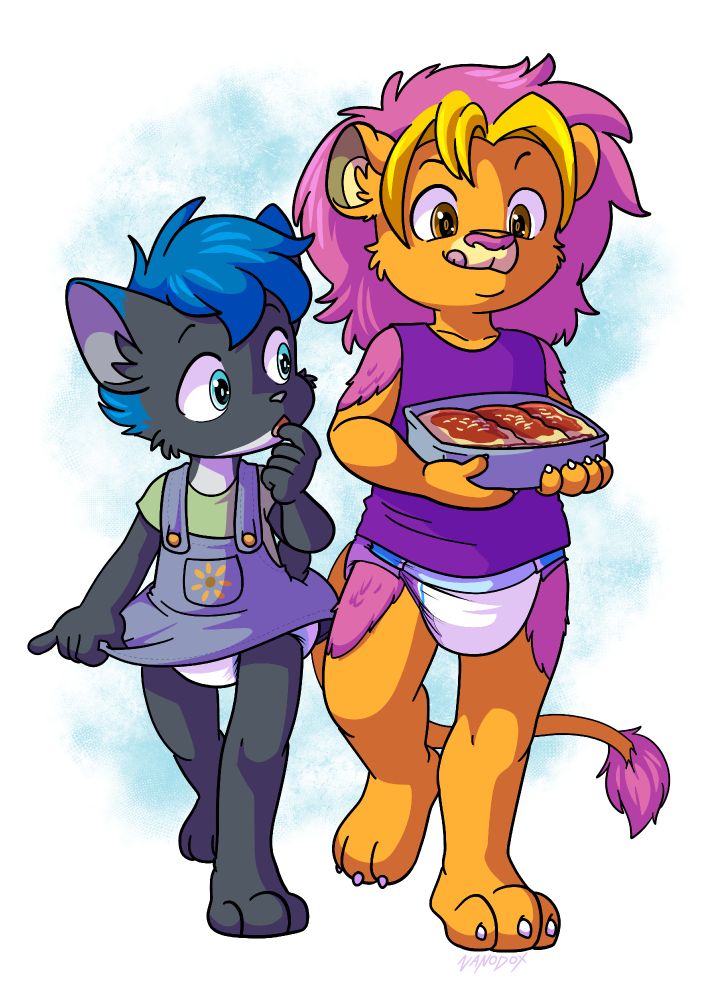 Illustration of Friar the lion in diaper licking his muzzle as he carries a plate of lasagna and Bobkitty his kitten friend in diaper and skirtalls looks over curiously.