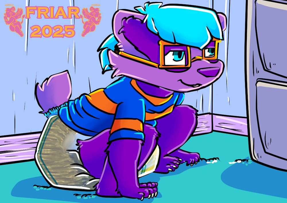 Illustration of Everett the wet and messy diapered badger squatting down on the floor in his bedroom looking quite relieved.