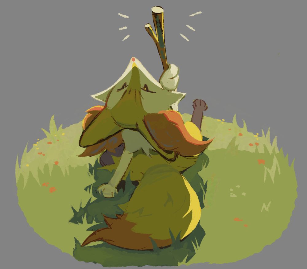 braixen the pokemon sitting on grass and pointing its stick in the air