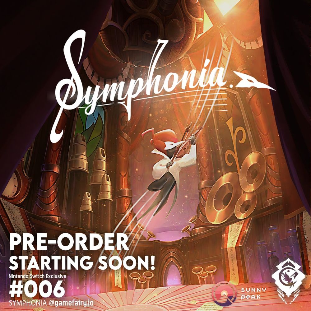 A picture of the main character of the game "Symphonia" in front of a beautiful painted background. Also the information "Pre-Order starting soon!" is prominently put in the bottom left corner.