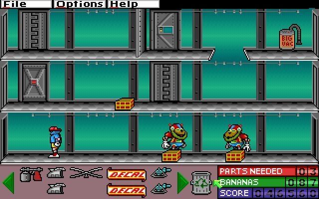 Top left to bottom right, file, options, help, big vac (right), decal x2 (bottom), parts needed, bananas, score.