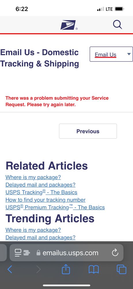 USPS form message “There was a problem submitting your Service Request. Please try again later.”