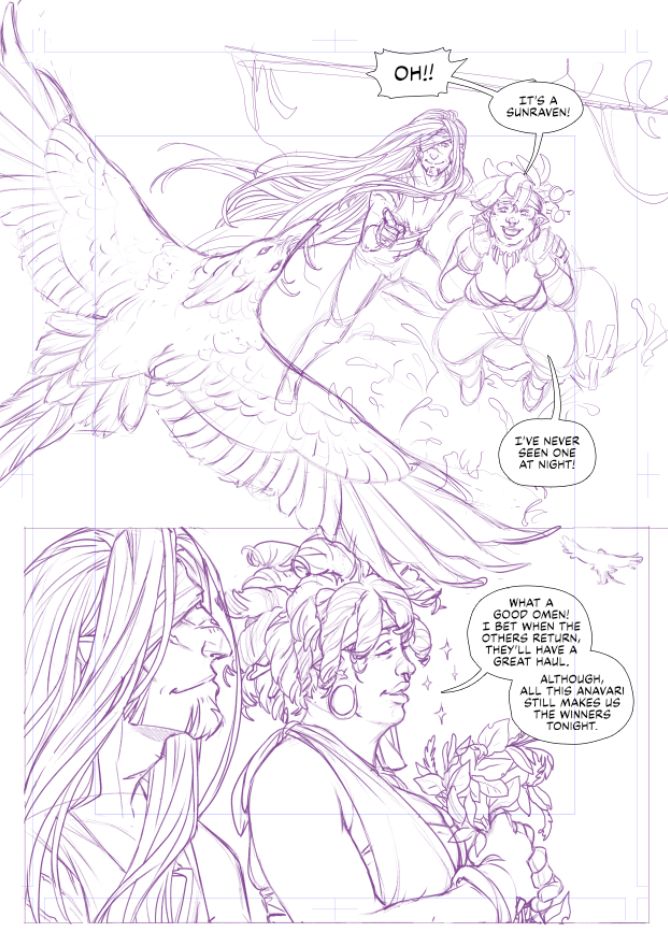 I'll add the final alt text to the finished page. This dialogue isn't finished.

Needless to say, it is a purple sketch page of a sunraven flying over Gai and Senna, who are both really excited to see it. Senna remarks on how lucky and cool that is while clutching her herbs and being a cute ass mom about it