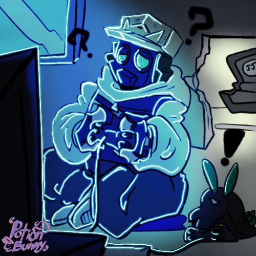 Trying to draw more and do more things for things i like.  There is a FNF mod doing art for their like gallery and i submitted Thompson playing games with my scp oc JubJub.