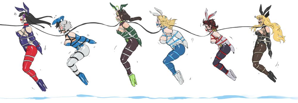 Psylocke, Luna Snow, Mantis, Sue Storm, Peni Parker, and Magik from Marvel Rivals all tied up in bunny suits and forced to hop in a line on connected leashes