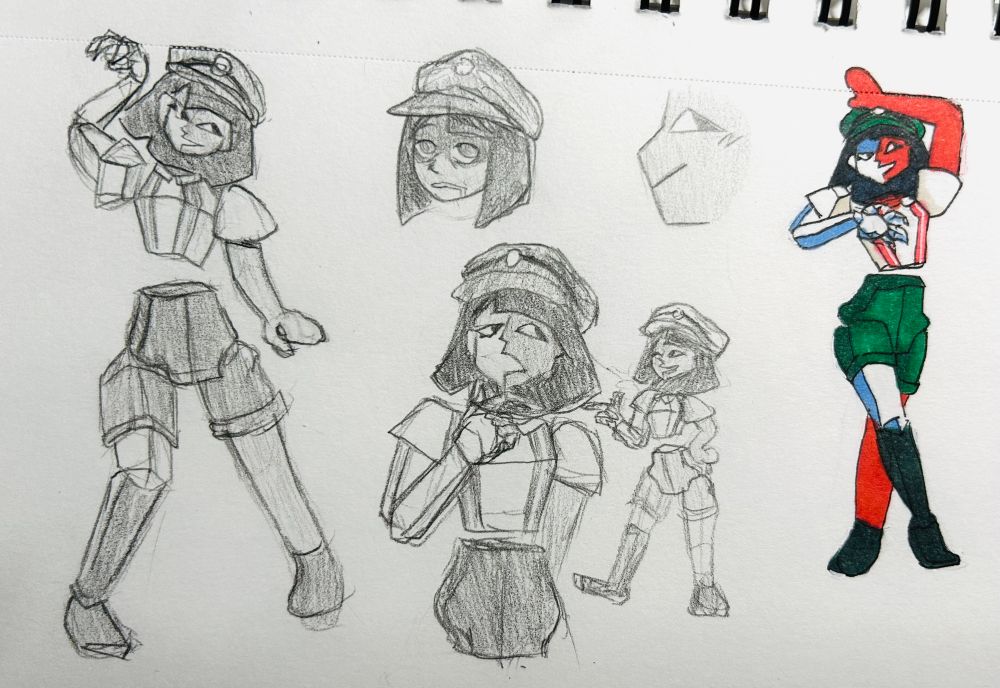 Various sketchbook doodles of ENA from Dream BBQ. Most are done in pencil except for one to the far right, fully colored and lined.